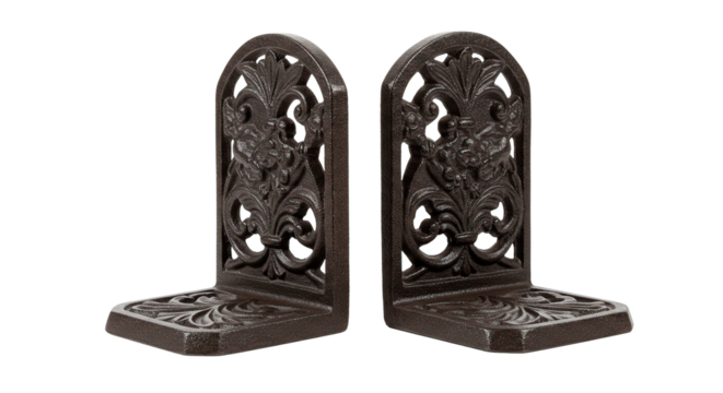 Elegant cast iron bookends with a classic, ornate design, ideal for home decor.