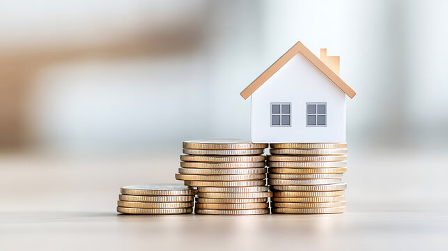 House model on coin stacks. Illustrates savings, investment, and financial growth towards home ownership. Demonstrates progress and investment options.