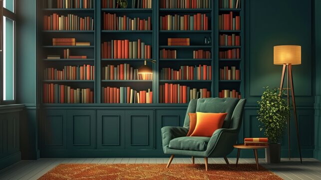 Cozy, book-filled study with teal accents