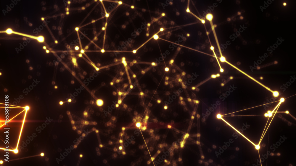 Poster abstract glowing yellow network of connected nodes and lines on a dark background, symbolizing data 