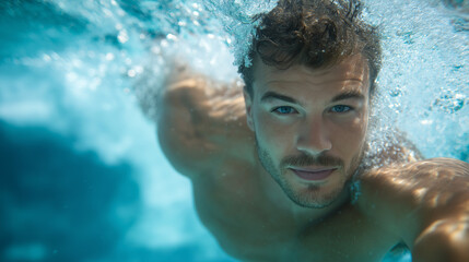 A man swimming underwater in a pool with soft light