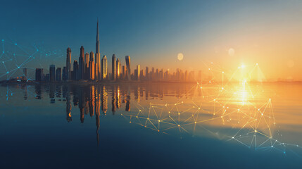 Smart city with connection network reciprocity over the cityscape social media networking systems that connects on the peak of success amid tall, innovative Smart city and graphs with statistics