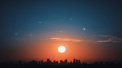 Smart city with connection network reciprocity over the cityscape social media networking systems that connects on the peak of success amid tall, innovative Smart city and graphs with statistics