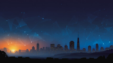 Fototapeta premium Smart city with connection network reciprocity over the cityscape social media networking systems that connects on the peak of success amid tall, innovative Smart city and graphs with statistics