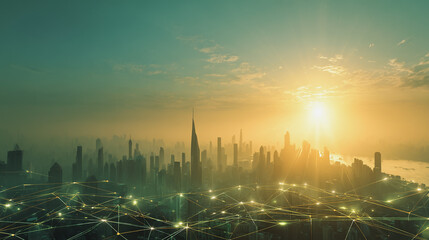 Smart city with connection network reciprocity over the cityscape social media networking systems that connects on the peak of success amid tall, innovative Smart city and graphs with statistics