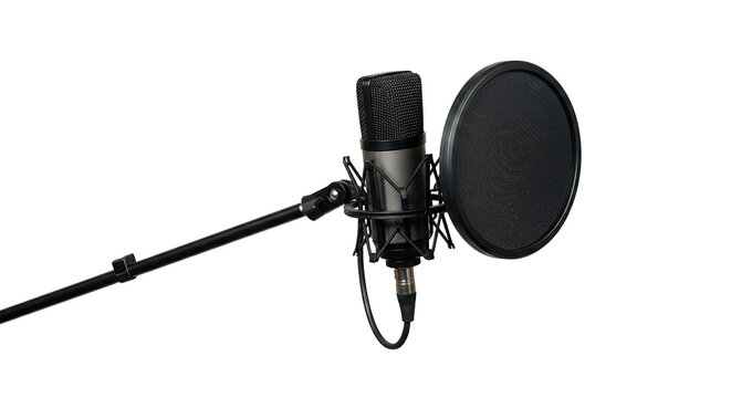 A professional microphone with a pop filter, perfect for recording music or podcasts.