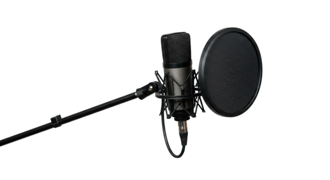 A professional microphone with a pop filter, perfect for recording music or podcasts.