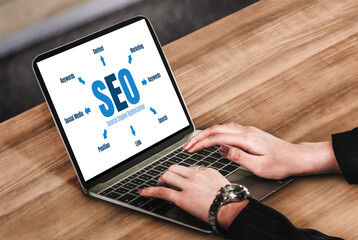 SEO search engine optimization for modish e-commerce and online retail business showing on computer...