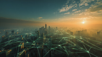 Smart city with connection network reciprocity over the cityscape social media networking systems that connects on the peak of success amid tall, innovative Smart city and graphs with statistics