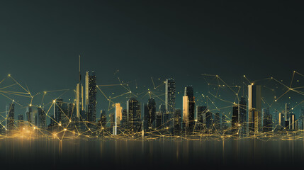 Smart city with connection network reciprocity over the cityscape social media networking systems that connects on the peak of success amid tall, innovative Smart city and graphs with statistics