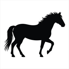 Black horse silhouette walks isolated on white background