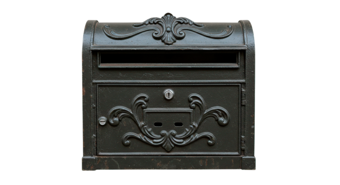 A beautifully detailed, antique black mailbox against a dark backdrop, evoking nostalgia and elegance.