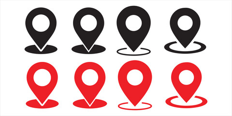 Location pin icons in black and red isolated on white background
