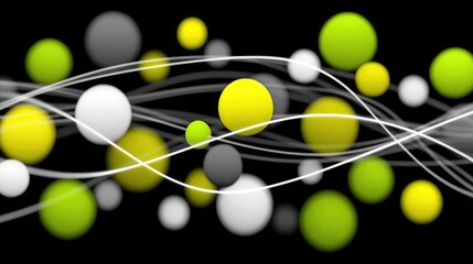 Abstract 3D Render of Floating Spheres with Dynamic Lines in Black Background