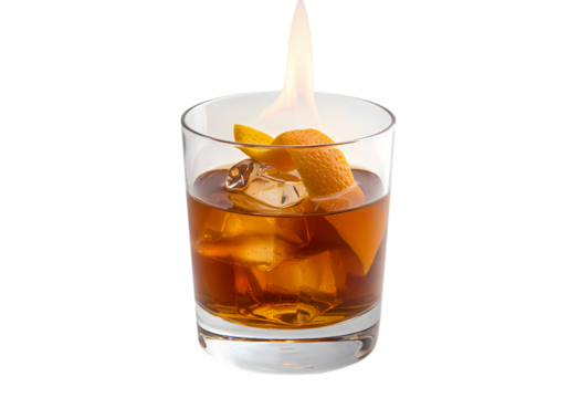 Flaming Cocktail Old Fashioned Recipe Garnish and Presentation on transparent background