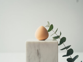 Makeup Blender on Marble Cube with Eucalyptus Branch Beauty Product Photography