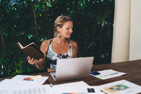Confident young freelancer multitasking with planner and laptop at outdoor office, organizing ideas and analyzing data during remote work session in digital nomad lifestyle. - Powered by Adobe