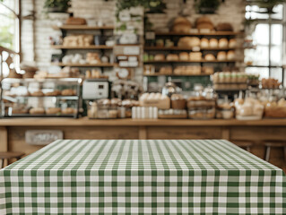 Fototapeta premium Cozy cafe table with green and white checkered tablecloth in front of a rustic bakery display. Perfect for a relaxed breakfast or lunch.