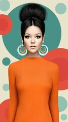 Retro Fashion Portrait: Woman in Orange Dress with Vintage Hairstyle and Bold Earrings