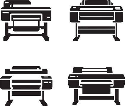 Set of four black and white icons representing different large format printers