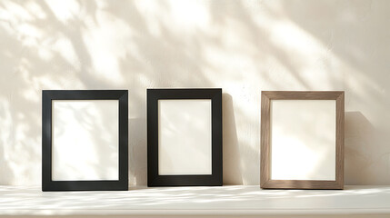 Minimalist photo frames with a blank canvas and space to place photos, memories, and artwork on a light surface with tree shadows against a neutral wall.