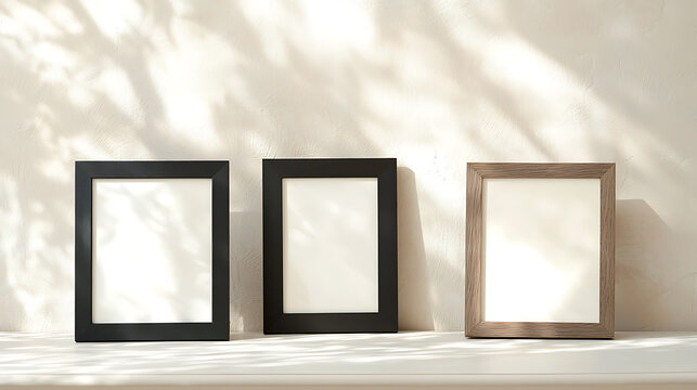 Minimalist photo frames with a blank canvas and space to place photos, memories, and artwork on a light surface with tree shadows against a neutral wall.