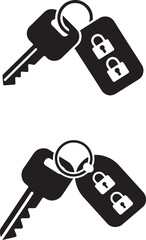 Black silhouette of car keys with lock and unlock symbols on a white background