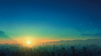 Smart city with connection network reciprocity over the cityscape social media networking systems that connects on the peak of success amid tall, innovative Smart city and graphs with statistics