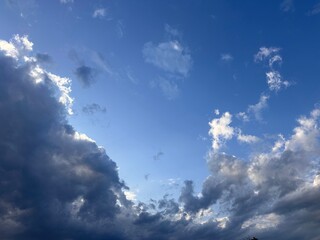 Dramatic evening sky showcasing a blend of fluffy clouds and vibrant blue hues, ideal for...