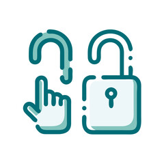 A modern illustration of an unlocked padlock and a pointing hand symbolizing security and access