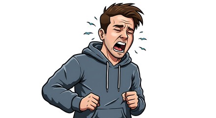 Cartoon of a man standing mid-sneeze, head tilted forward, eyes shut tight, mouth open with dramatic expression, shoulders hunched, body bracing from the force, hoodie crumpling forward