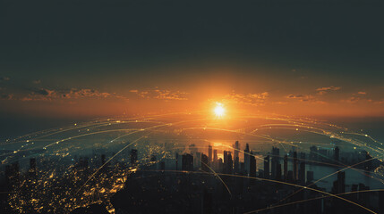 Fototapeta premium Smart city with connection network reciprocity over the cityscape social media networking systems that connects on the peak of success amid tall, innovative Smart city and graphs with statistics to a