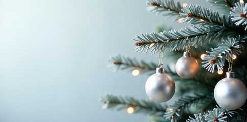 Silver-trimmed Christmas tree branch with white accents , xmas, nature, festive