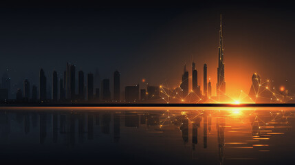 Smart city with connection network reciprocity over the cityscape social media networking systems that connects on the peak of success amid tall, innovative Smart city and graphs with statistics to a