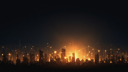 Smart city with connection network reciprocity over the cityscape social media networking systems that connects on the peak of success amid tall, innovative Smart city and graphs with statistics to a