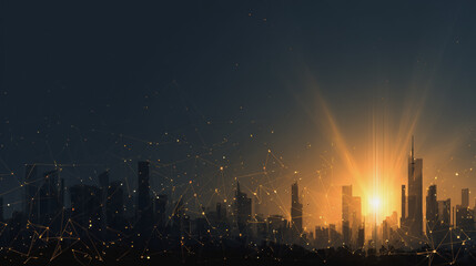 Fototapeta premium Smart city with connection network reciprocity over the cityscape social media networking systems that connects on the peak of success amid tall, innovative Smart city and graphs with statistics to a