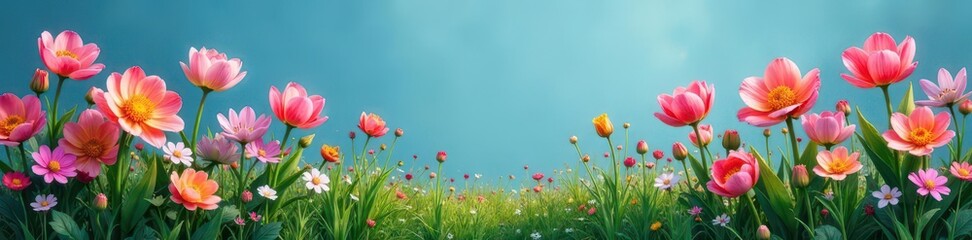 Fototapeta premium Blooming flowers in a serene garden on a solid blue ground, serene, nature