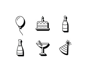 Birthday items vector icons set in black color with white background.