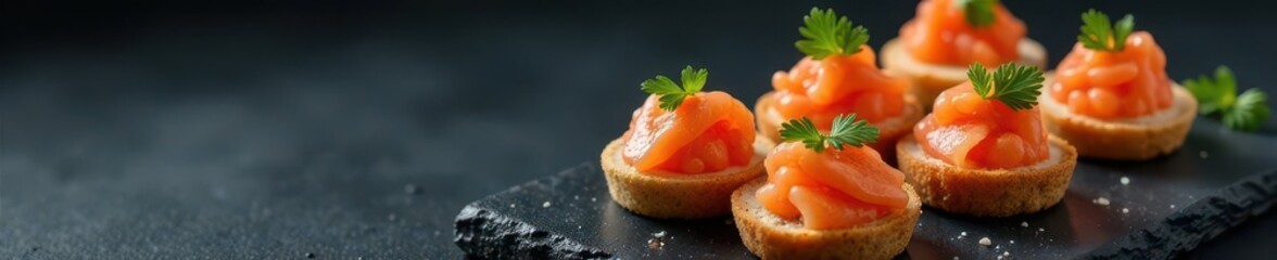 Elegant black sturgeon caviar and salmon canap?s on a dark background, macro, color, food