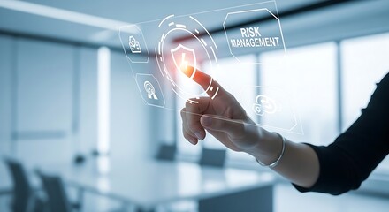 Person interacts with a virtual interface displaying risk management, cybersecurity, and data protection in a modern setting.