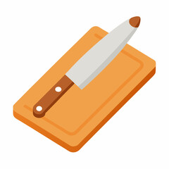 Kitchen knife on wooden cutting board vector icon on white background.