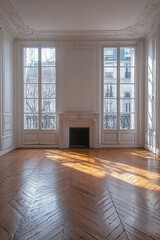 Fototapeta premium Elegant empty white room with parquet floor and classic architectural details