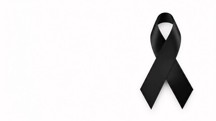 A black mourning ribbon symbol of sorrow on a white background. Condolence and funeral event concept. Remind poster.