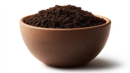Richly textured coffee grounds are displayed in a rustic bowl, making it ideal for culinary themes, coffee-related designs, or discussions on brewing techniques and flavors,