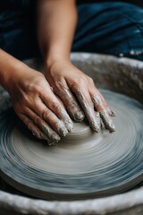 A close-up of hands shaping wet clay on a pottery wheel, showcasing the artistry and technique involved in ceramics, Ideal for crafting, art classes, or showcasing handmade pottery processes,