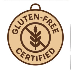 Gluten-free certified seal with wheat icon, indicating a dietary-friendly product. Modern flat vector sticker label with icon and badge style, transparent background