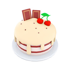 A delicious cake topped with chocolate bars and cherries, perfect for celebrations and dessert lovers.