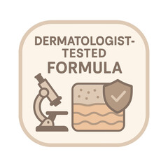 A dermatologist-tested formula badge with associated illustrations. Modern flat vector sticker label with icon and badge style, transparent background