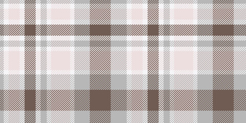 A seamless tartan plaid pattern in neutral grey and brown tones with soft pink highlights, featuring a classic woven texture.