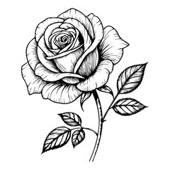 Classic Engraved Rose Flower Illustration with Stem and Leaves - Black and White Vector Art
